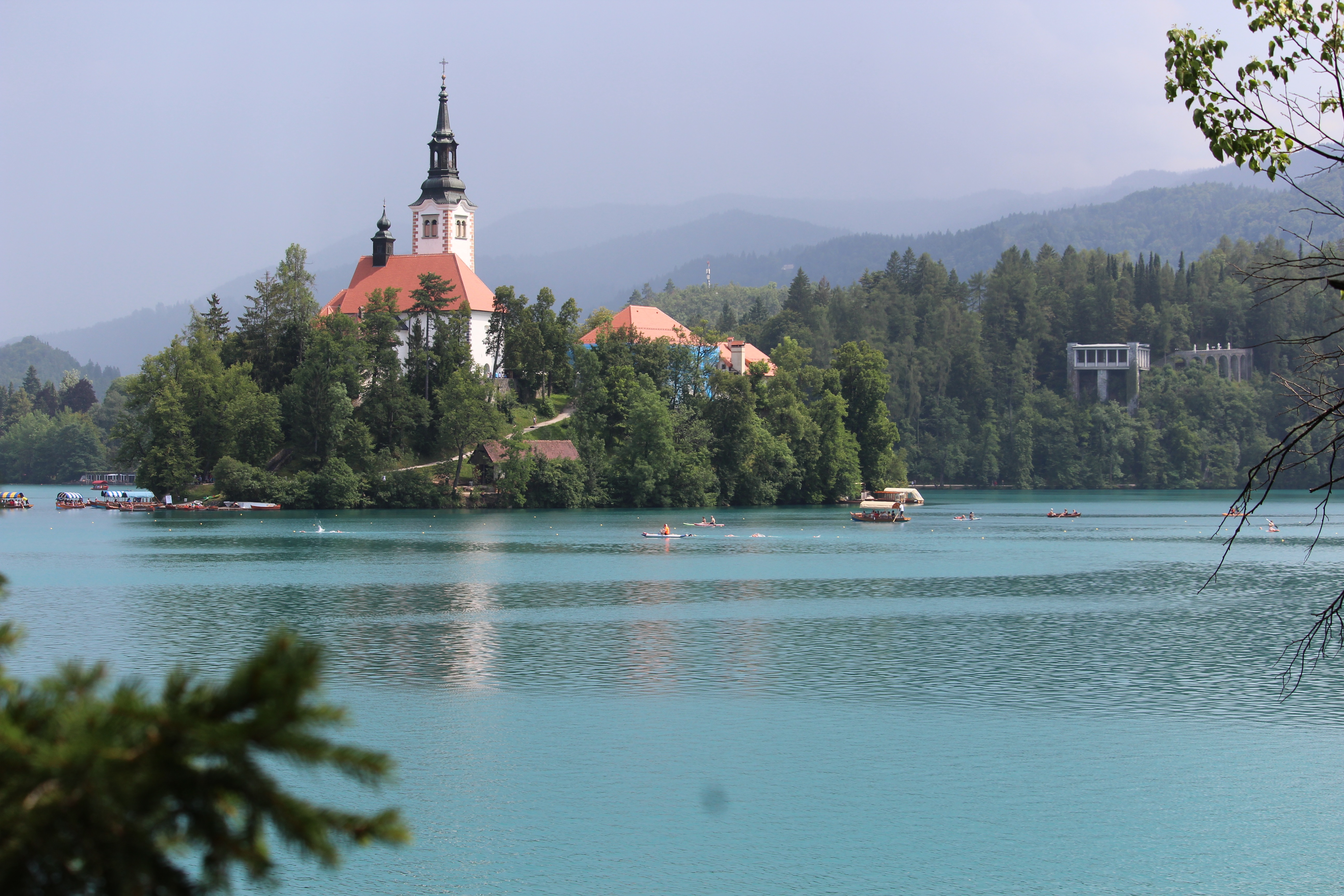 View of the lake with the island and church