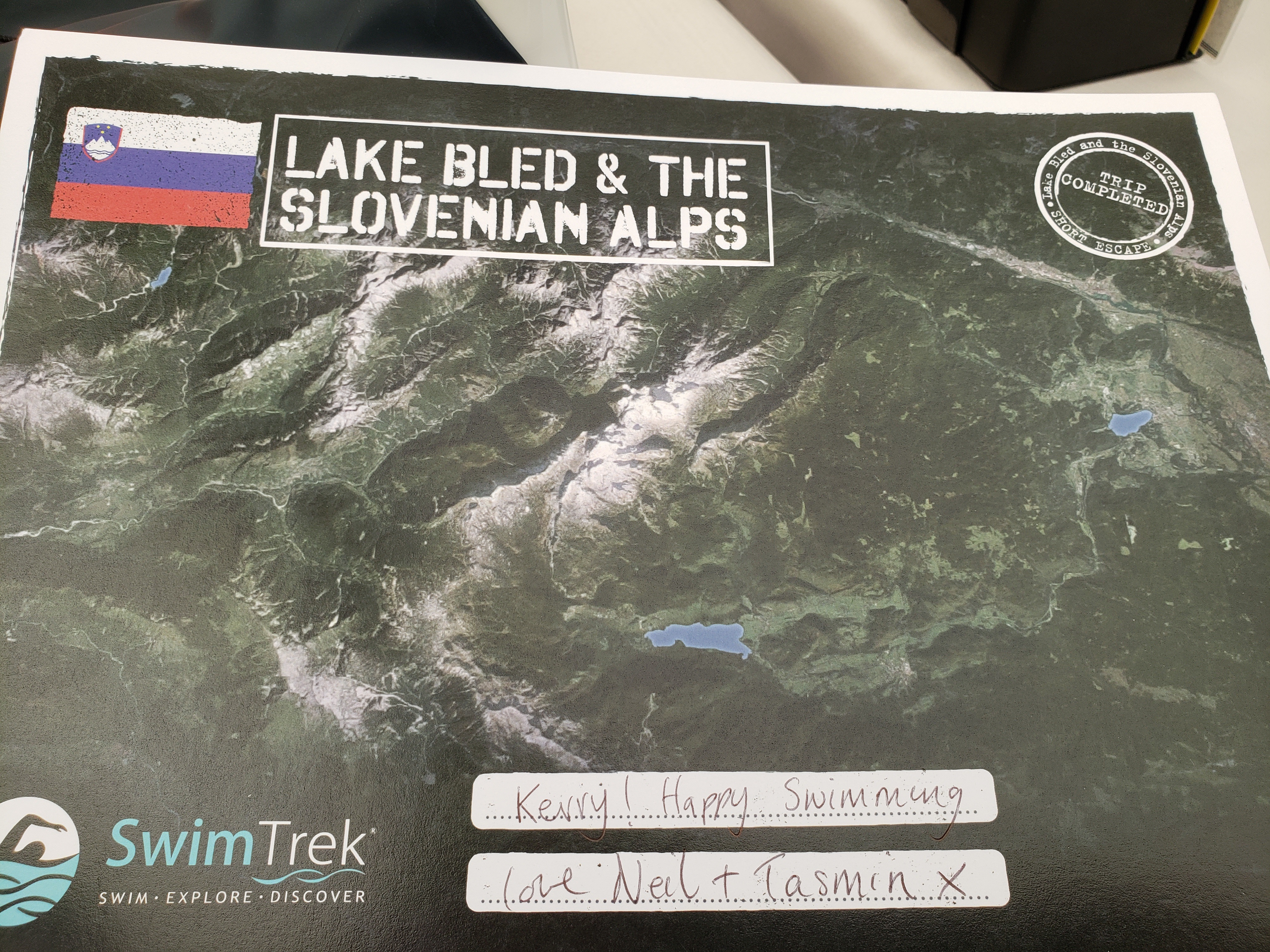 picture of my certificate- Google Earth style photo of Slovenia including visuals of the places we swam.