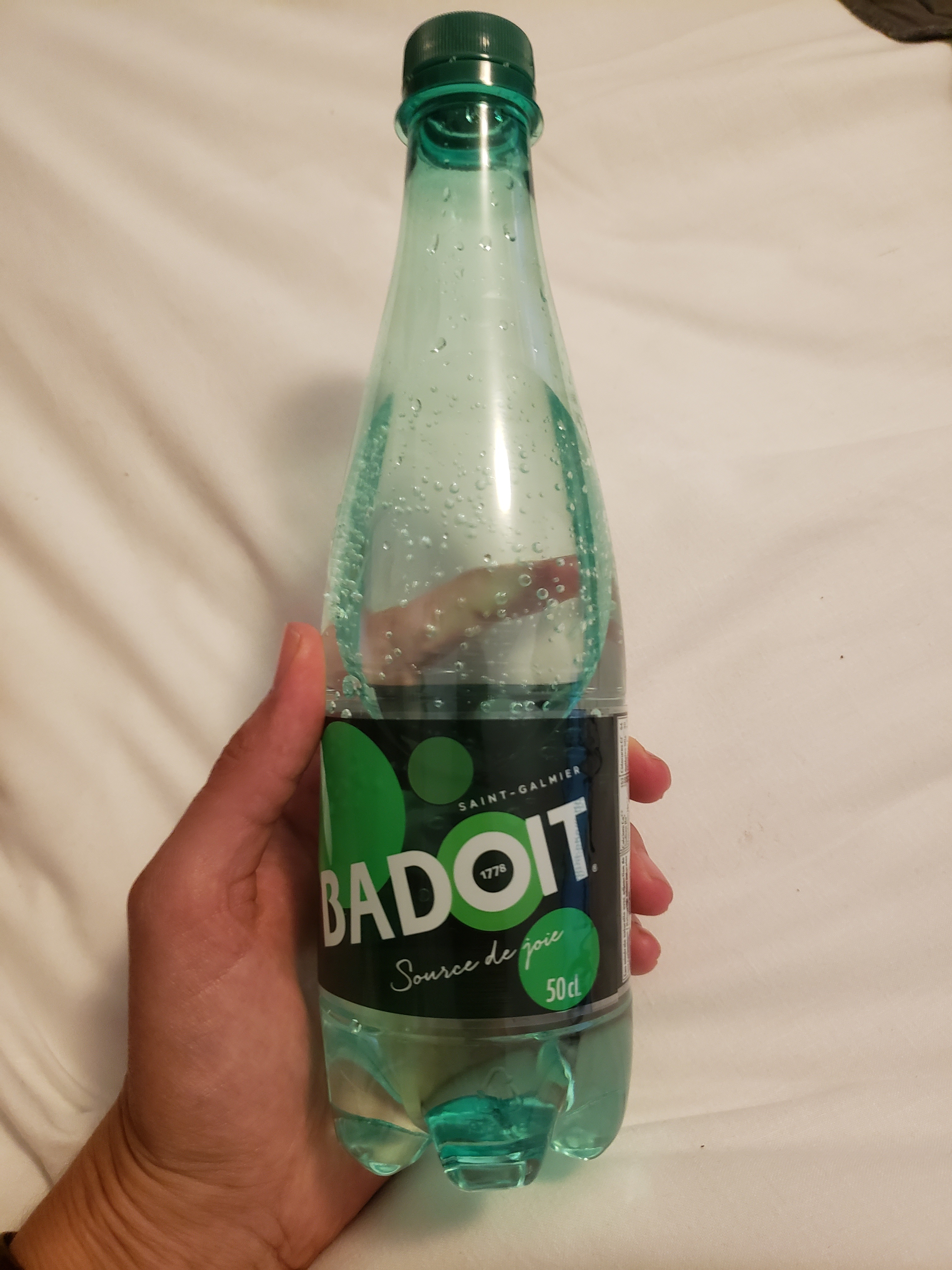 my hand holding a bottle of Badoit mineral water