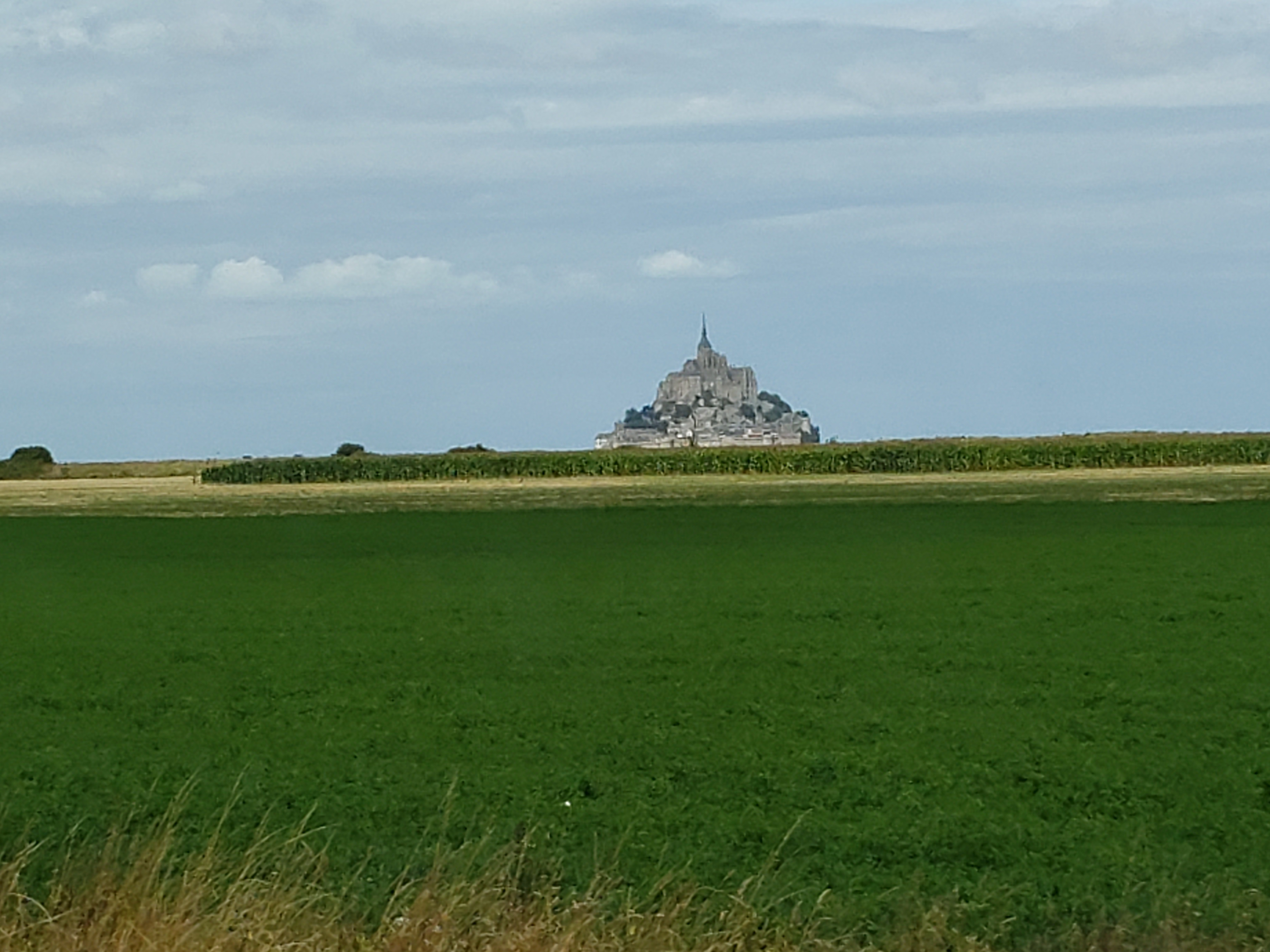 green field, blue grey sky, and a slightly larger blob that is the Mont St. Michel
