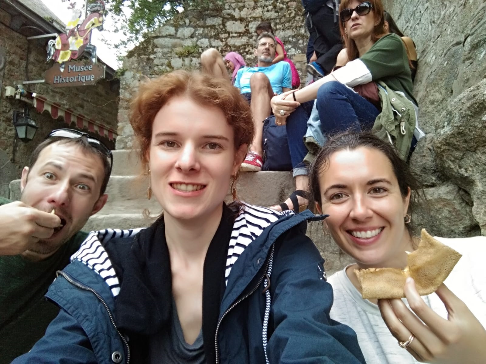 Patrick eating a crepe, Amandine, Kerry eating a crepe